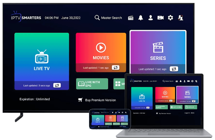 IPTV Smarters running on TV, laptop and phone